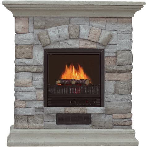 Electric Fireplace with Mantel and Multicolor Stone Facade — 5115 BTU, Model# POLY-0232