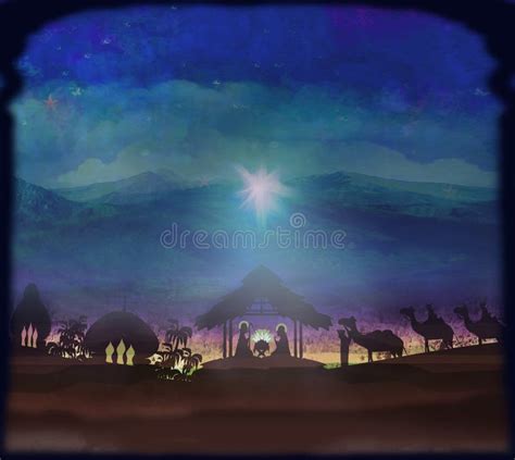 Biblical Scene - Birth of Jesus in Bethlehem. Stock Illustration ...