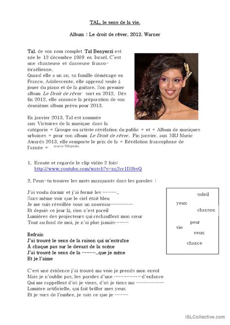 Chanson "Le sens de la vie" TAL acti…: Français FLE fiches pedagogiques pdf & doc