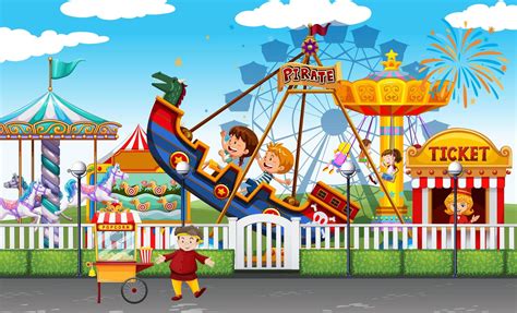 Theme park scene with many rides and happy children 1503864 Vector Art ...