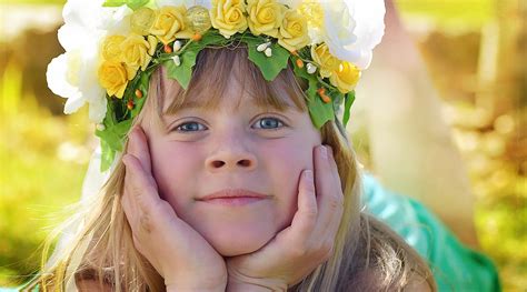 Free Images : plant, girl, flower, spring, child, human, yellow, facial expression, smile, blue ...