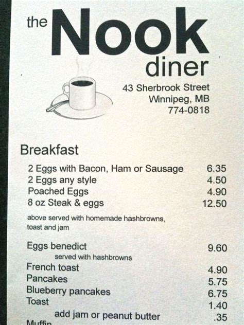 Menu at The Nook restaurant, Winnipeg