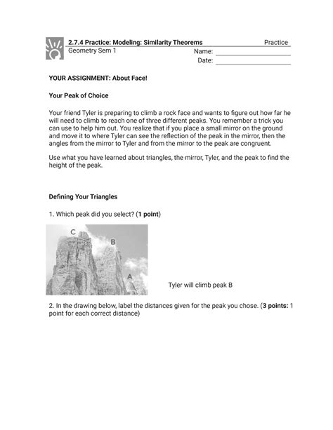 2.7.4 Practice - Modeling: Similarity Theorems (Practice) - 2.7 Practice: Modeling: Similarity ...