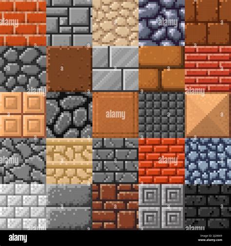 Tile, stone brick or porcelain stoneware and marble roof tiles, vector retro 8bit pixel art ...