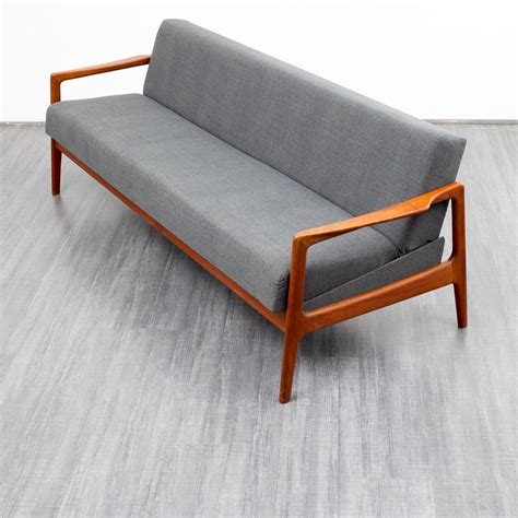 Scandinavian grey 3 seater sofa bed in teak - 1960s - Design Market