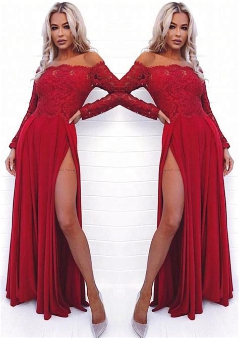 A-Line Off-the-Shoulder Long Sleeves Dark Red Prom Dress with Lace ...