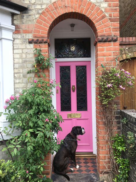 My PINK front door from Woodland with custom stained glass in traditional Victorian glass with ...