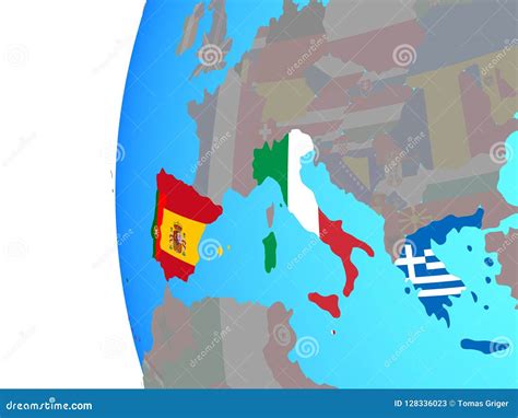 Southern Europe with Flags on Globe Stock Illustration - Illustration ...