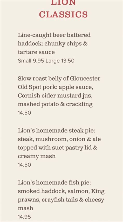 The Lion Inn Chelmsford's full menu online