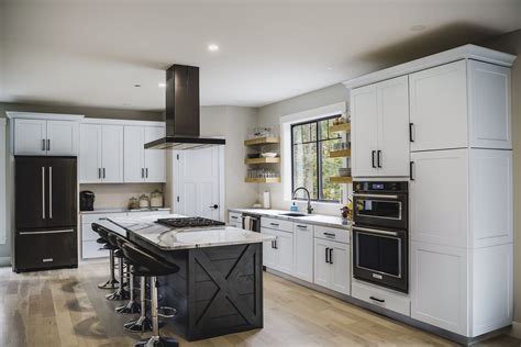 Open Shelves Farmhouse Kitchen | White Cabinets, Black Appliances