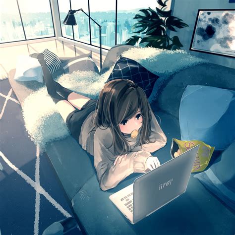 Download Anime Girl Lies Down Working On Her Laptop Wallpaper ...