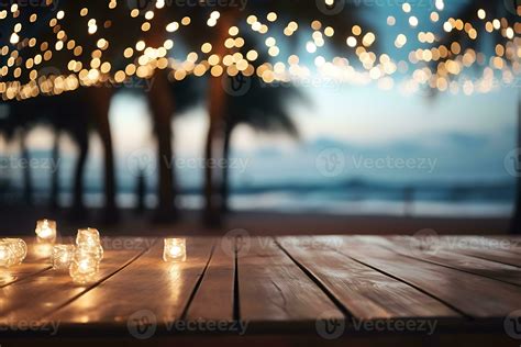 wood table top on blur beach party night background AI Generative 27126744 Stock Photo at Vecteezy