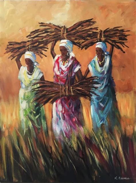 Oil Painting - Sunset Wood Carriers by Mauro Chiarla | Desenho africano, Arte folclórica, Arte ...