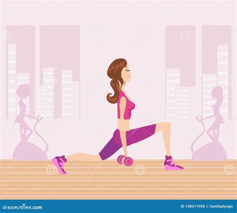 Woman Making Lunges with Dumbbells Stock Vector - Illustration of flexibility, dumbbells: 148511950