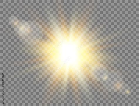 Sunshine with rays on transparent background. Sun light. Golden glowing light effect. Sunlight ...