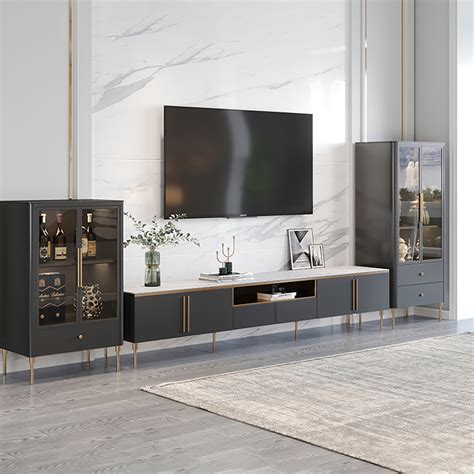 Mirian White Minimalist TV Stand Stone Top 4-Door 1 Drawer Media Console - Living Room Furniture ...