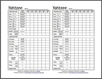 Free Yahtzee Score Sheets