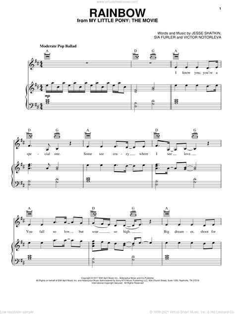 Sia: Rainbow sheet music for voice, piano or guitar (PDF)