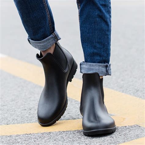 slip on waterproof ankle boots Men rubber rain boots fashion black ...