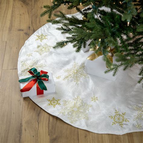 48" White with Gold Embroidered Snowflakes Christmas Tree Skirt | Christmas Central