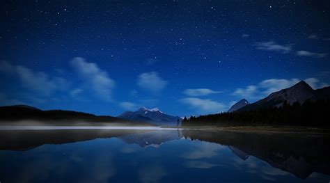 Starry night over mountain lake, stars, mountains, reflections, sky ...