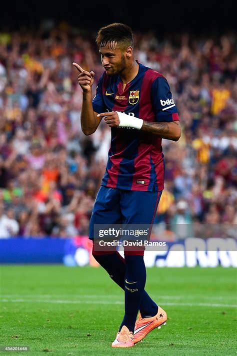 Neymar of FC Barcelona celebrates after scoring his team's fifth goal ...