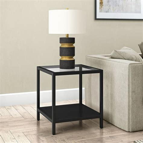 Industrial Glass Side Table with Perforated Metal Storage Shelf for Living Room, Bedside Night ...