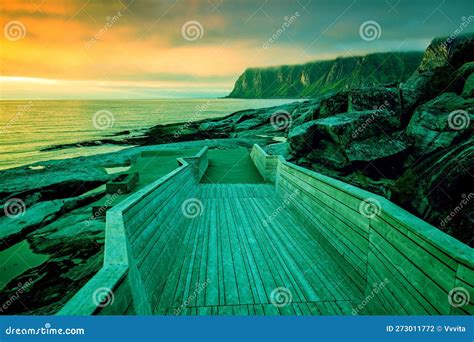 Senja Island at Sunset. Wooden Walkway To the Beach Stock Photo - Image ...