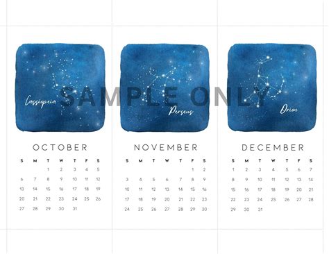 2024 Mini Star Calendar Constellations Calendar Printable Mini Calendar Blue Night Sky Star ...