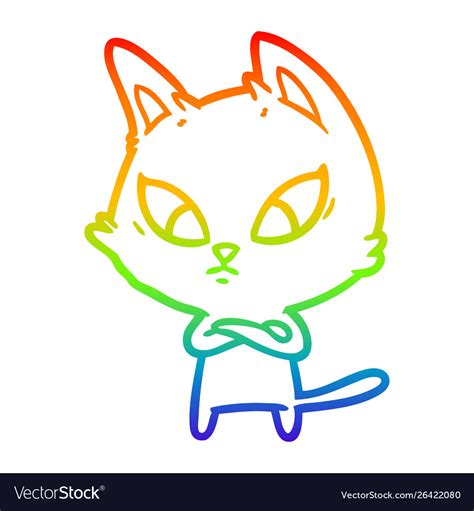 Rainbow gradient line drawing confused cartoon cat