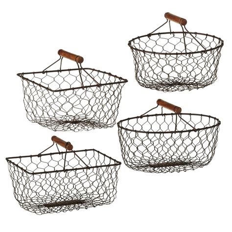 Set of 2 Black Chicken Wire Mini Baskets with Dark Brown Handle 11 ...