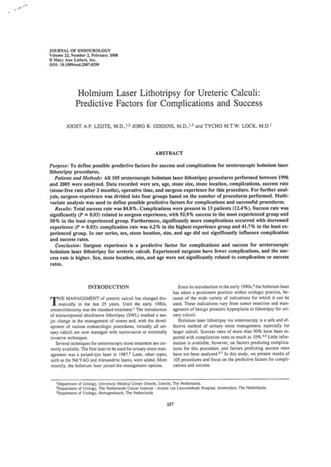 (PDF) Holmium Laser Lithotripsy for Ureteral Calculi: Predictive Factors for Complications and ...