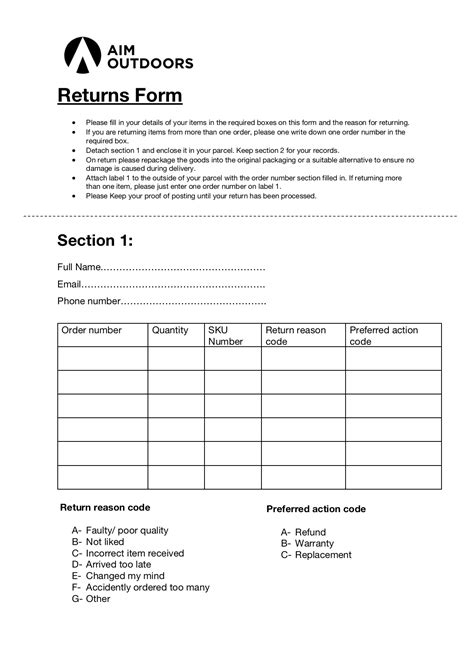 Printable Returns Form - Aim Outdoors