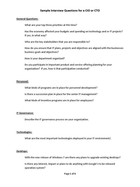 Sample Interview Questions For A CIO or CTO | Chief Information Officer ...