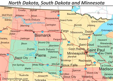 Map of North Dakota, South Dakota and Minnesota - Ontheworldmap.com