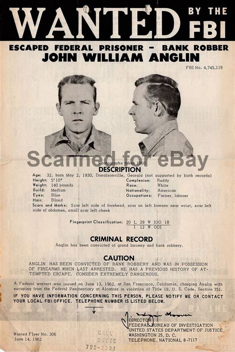 Original 1962 Clarence and John Anglin FBI Wanted Posters Alcatraz Escape | #1847048511