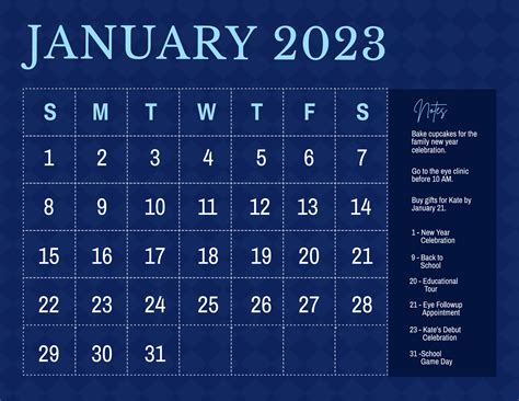 Blue January 2023 Calendar Template Illustrator Word Psd | Free Nude ...