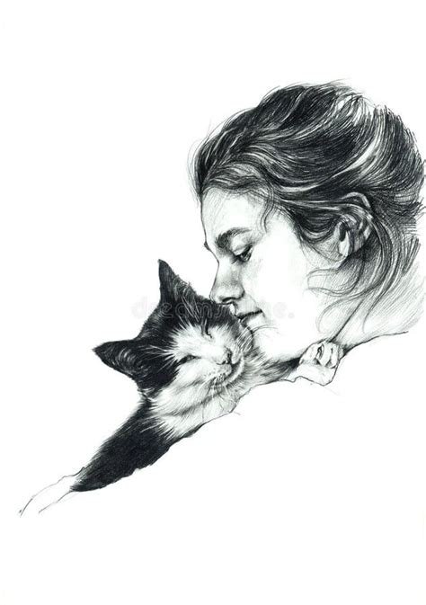 Girl With Cat Drawing Stock Illustration - Image: 53357630