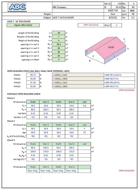 Partially Open Building Wind Loads ASCE 7-10 Spreadsheet Calculator