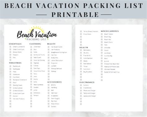 Beach Vacation Packing List Printable Instant Download - Etsy