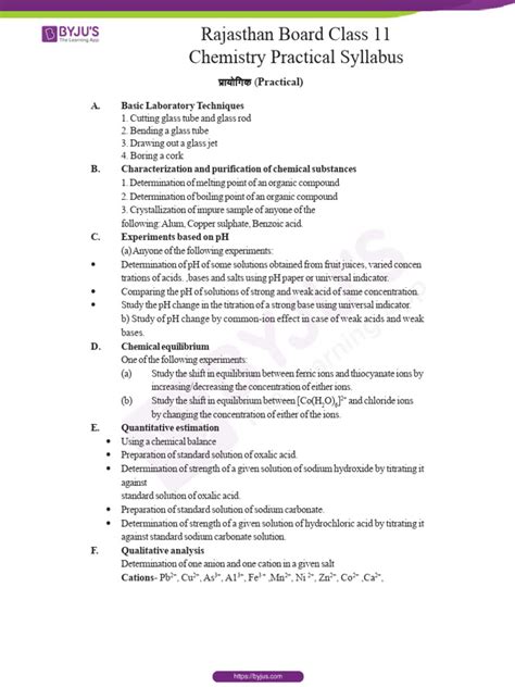 Rajasthan Board Class 11 Chemistry Practical Syllabus | PDF