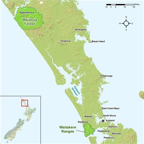 Map of New Zealand with Waipoua Forest and the Waitakeri Range... | Download Scientific Diagram