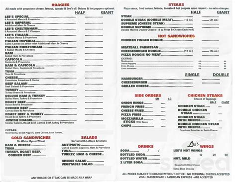 Menu for Lee's Hoagie House in Quakertown, Pennsylvania, United States