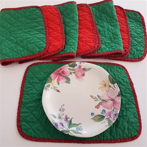 Christmas Fabric Placemats, Quilted, 17 x 12, Oval, Reversible, Red Green, Set of 4, Vintage ...
