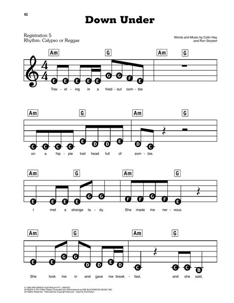 Down Under by Men At Work Sheet Music for E-Z Play Today at Sheet Music ...