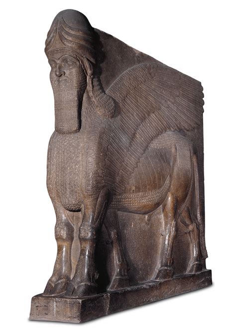 Sculpture of a winged bull (lamassu) from the Assyrian city of Nimrud ...