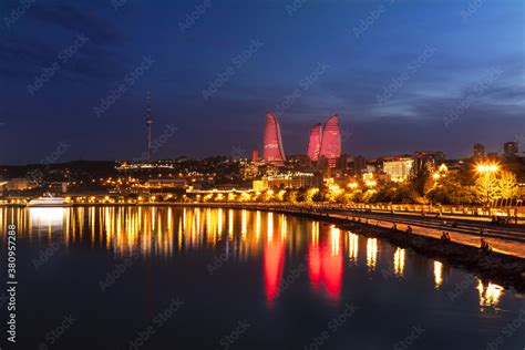 Baku city Caspian Sea Boulevard at night time Stock Photo | Adobe Stock