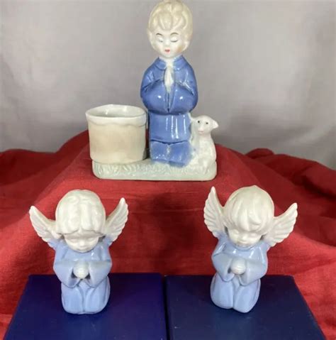 VTG LEFTON GIRL & BOY ANGEL Kneeling Praying Blue & White porcelain figurine + 1 $26.90 - PicClick