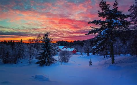 Wallpaper Winter evening sunset, sky, clouds, snow, forest, house 1920x1200 HD Picture, Image