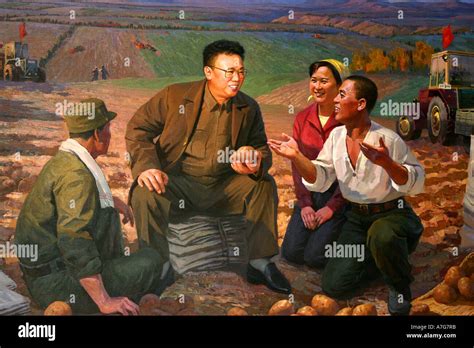 Painting in the Korean Art Museum of leader Kim Jong Il visiting Stock ...